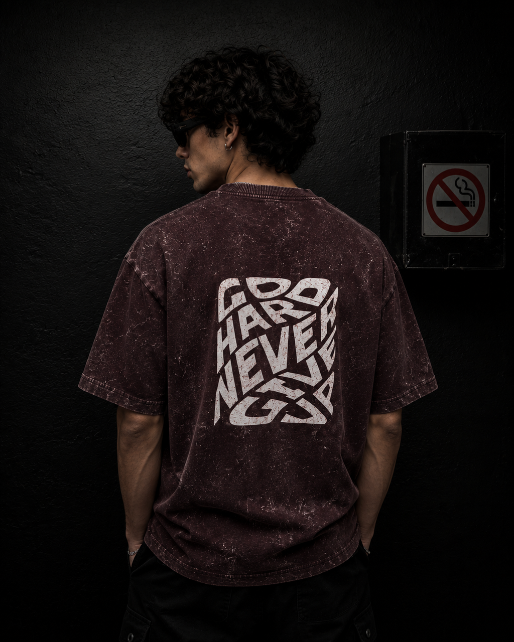 GO HARD NEVER GIVE UP Unisex Acid Washed Oversized Tee